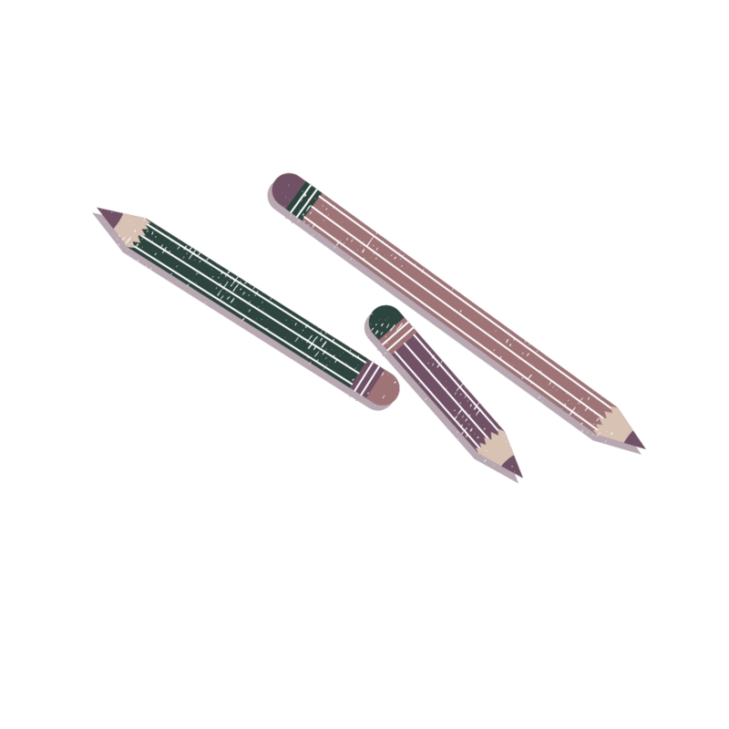 A doodle style drawing of 3 scattered pencils. One a mauve-peachy shade with a dark purple eraser, one purple with a purple eraser, and one green with a mauvey-peach eraser