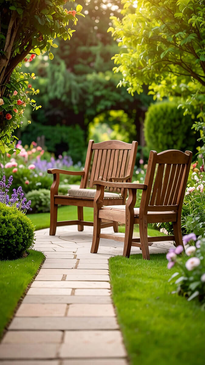 tone garden path with two wooden chairs angled toward each other under trees and flowers, symbolizing conversation, connection, and the invitation to walk beside one another,  reflecting Nita Tin’s invitation to connect.