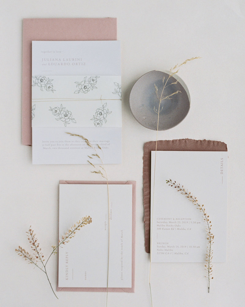 Dominique Alba minimal and modern wedding invitation suite with vellum wrap and floral illustrations