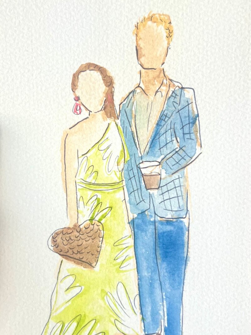watercolor painting of a couple at a wedding