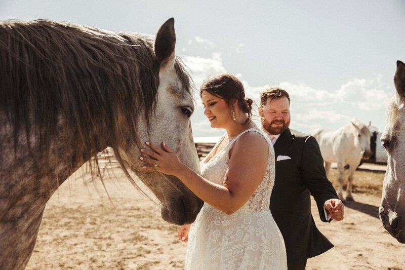 Bride shares tender moment with horses at ranch wedding