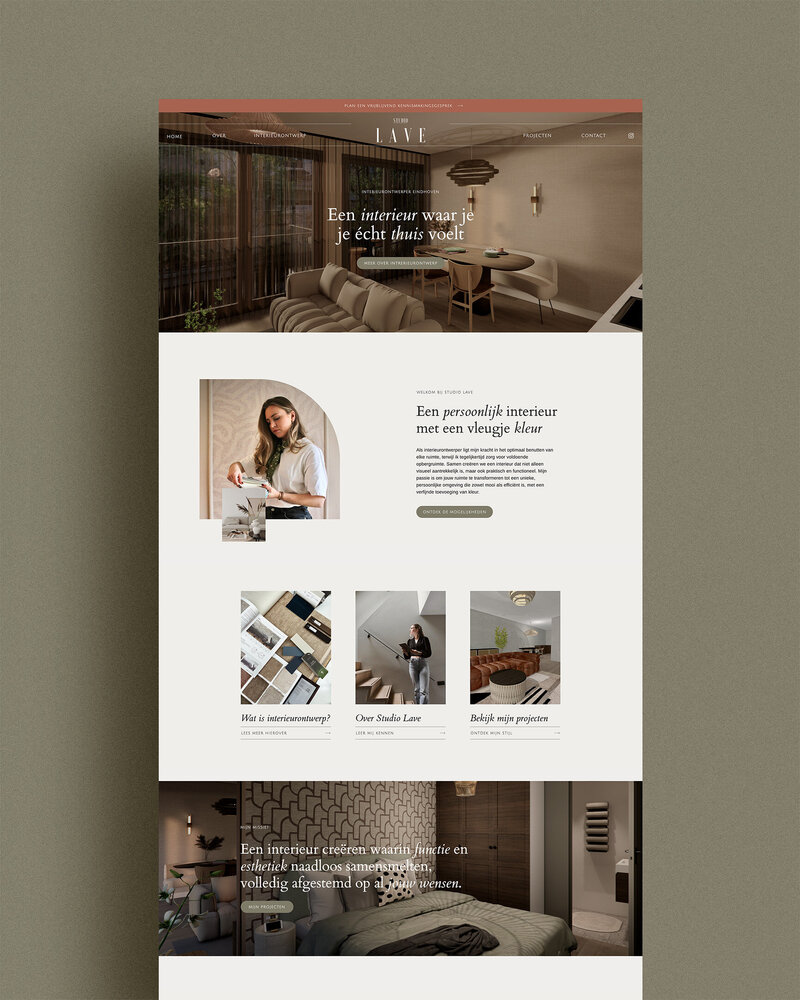Website voor Studio Lave, interieurontwerpstudio met warme kleuren en persoonlijke benadering van interieurdesign.