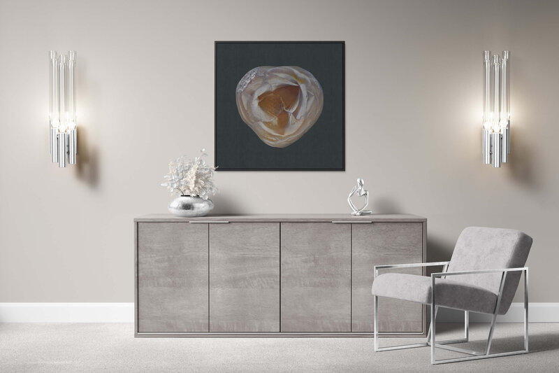 Fine Art Canvas with a black frame featuring Project Stardust micrometeorite NMM 650 for luxury interior design
