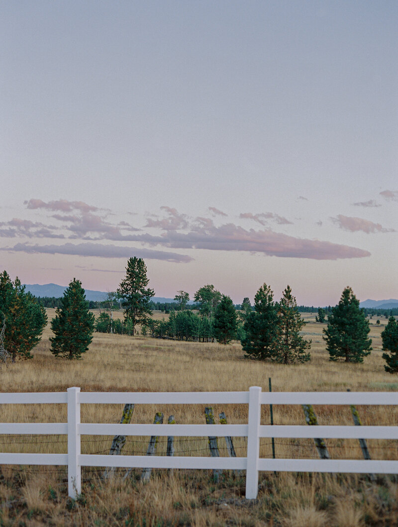 Scenic shot of sunset in Sun Valley Idaho with pink clouds and beautiful trees