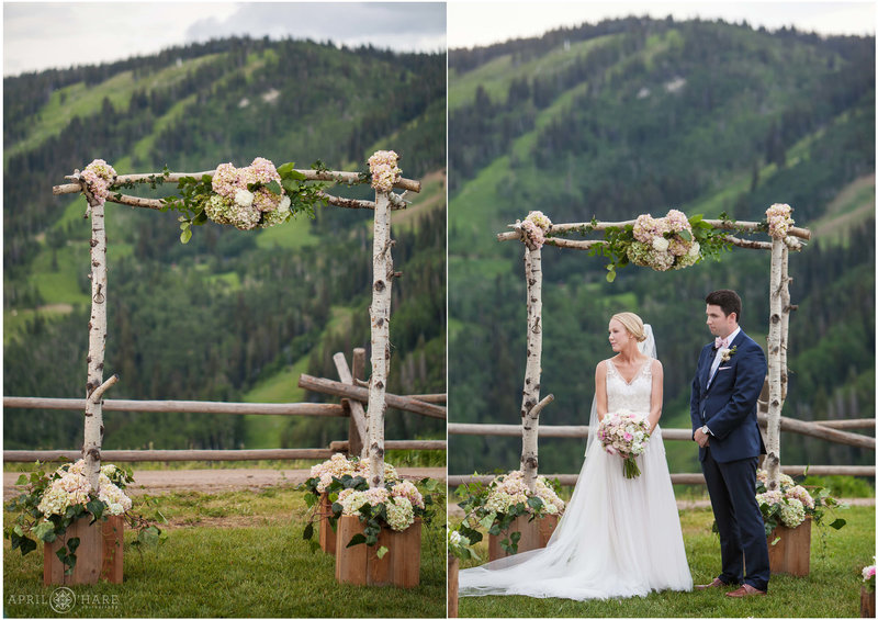 Wedding couple marries in front of a gorgeous mountain backdrop with ski runs at Steamboat Springs Ski Resort on Thunderhead Lawn