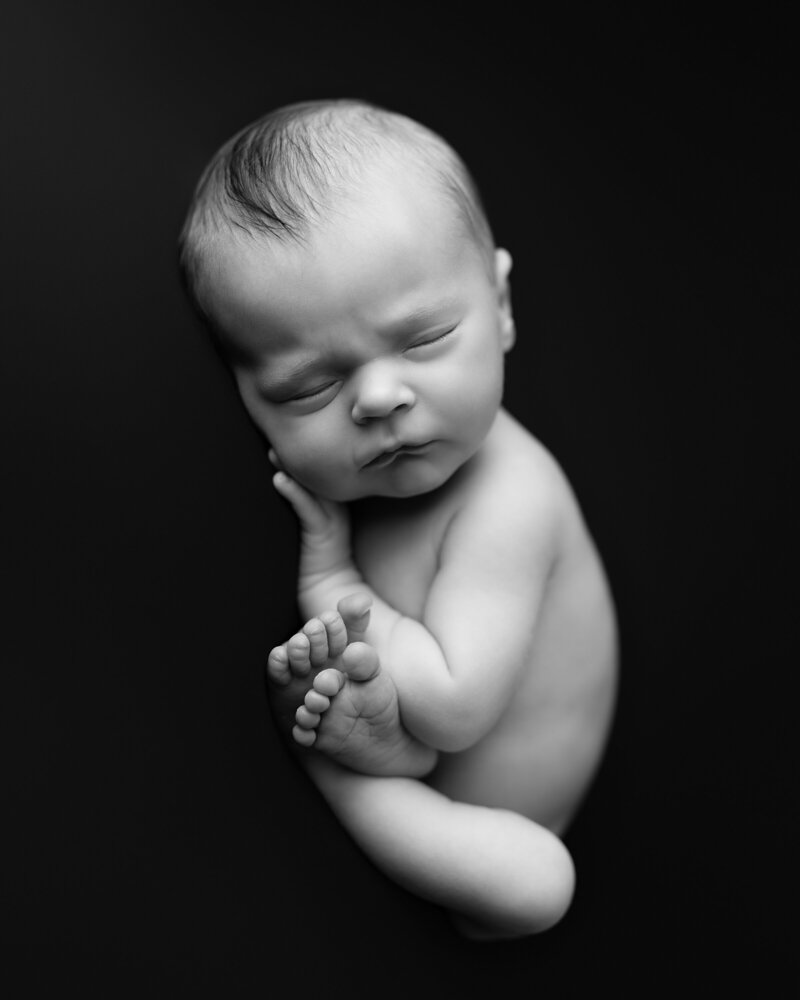 Fine art black and white newborn image of baby in womb pose – timeless and emotive portrait in Paris, Ontario