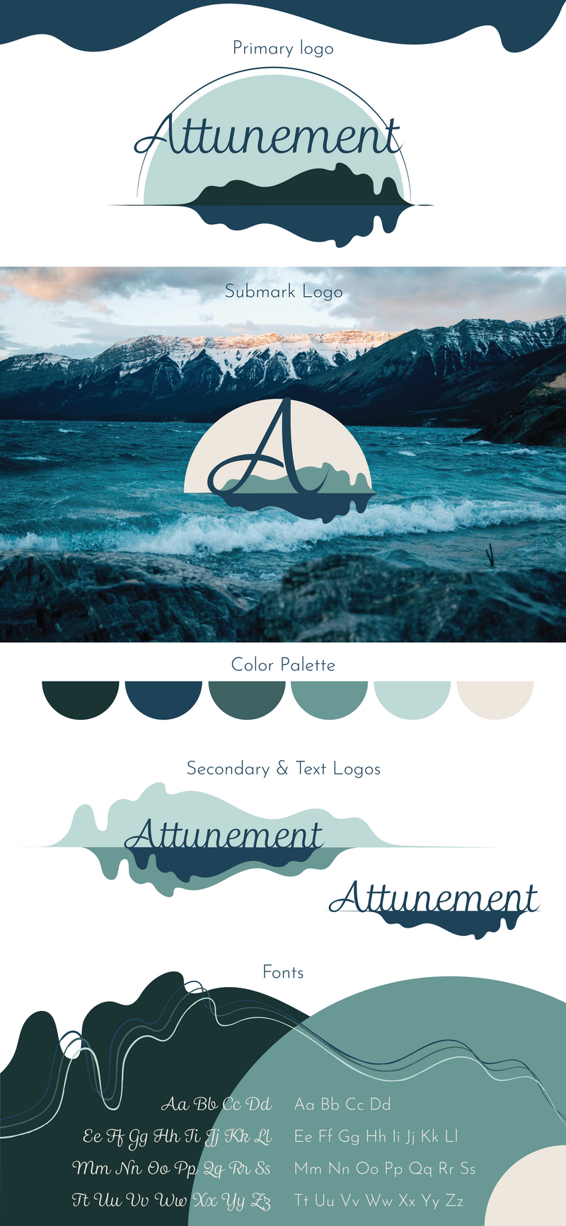 This image provides an encapsulation of the Attunement brand. From top to bottom, it lays out the Attunement Primary lLogo, Submark Logo, Color Palette, Secondary  and Text Logos, and , finally, the brand fonts.