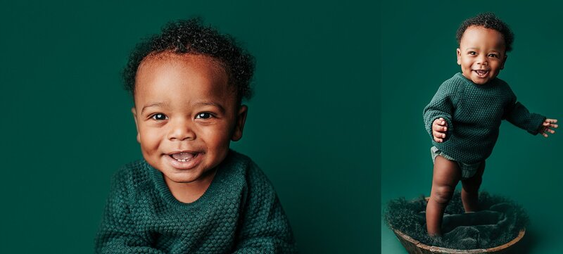 Baby caught in a full belly laugh during fun milestone shoot