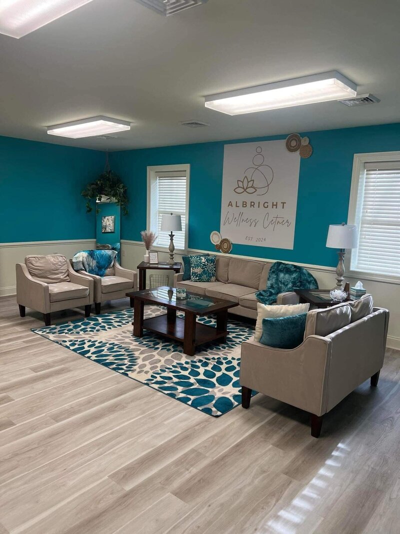 Bright and inviting reception area of Albright Wellness Center, designed for client comfort and relaxation.