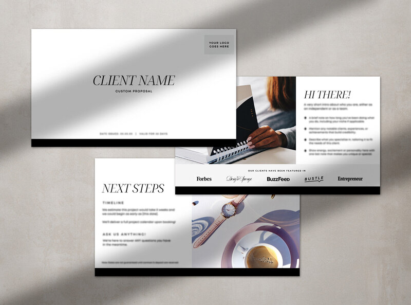 This modern, sophisticated proposal template is a series of 20 strategically-designed layouts that makes it simple to deliver all the information needed to land that next job.  Perfect for freelancers, creatives, designers, marketers, coaches, and consultants.