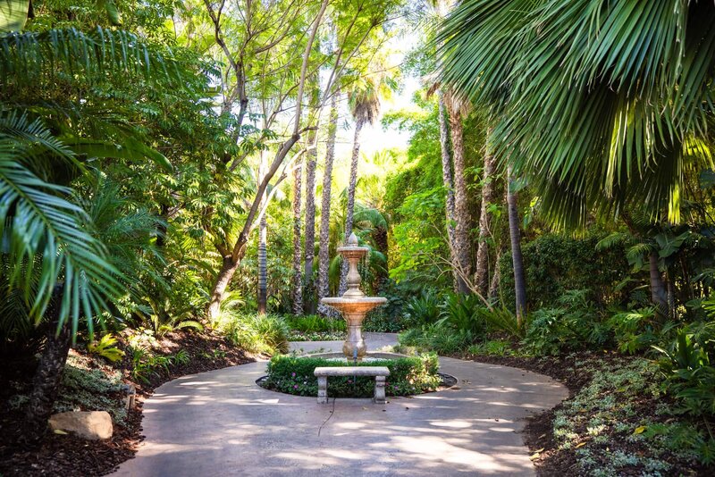 Fountain and greenery at the Arbor Terrace at Grand Tradition Estate and Gardens in San Diego