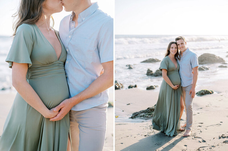 A couple kisses on the beach with the mother to be in a flowy green dress during their beach maternity session