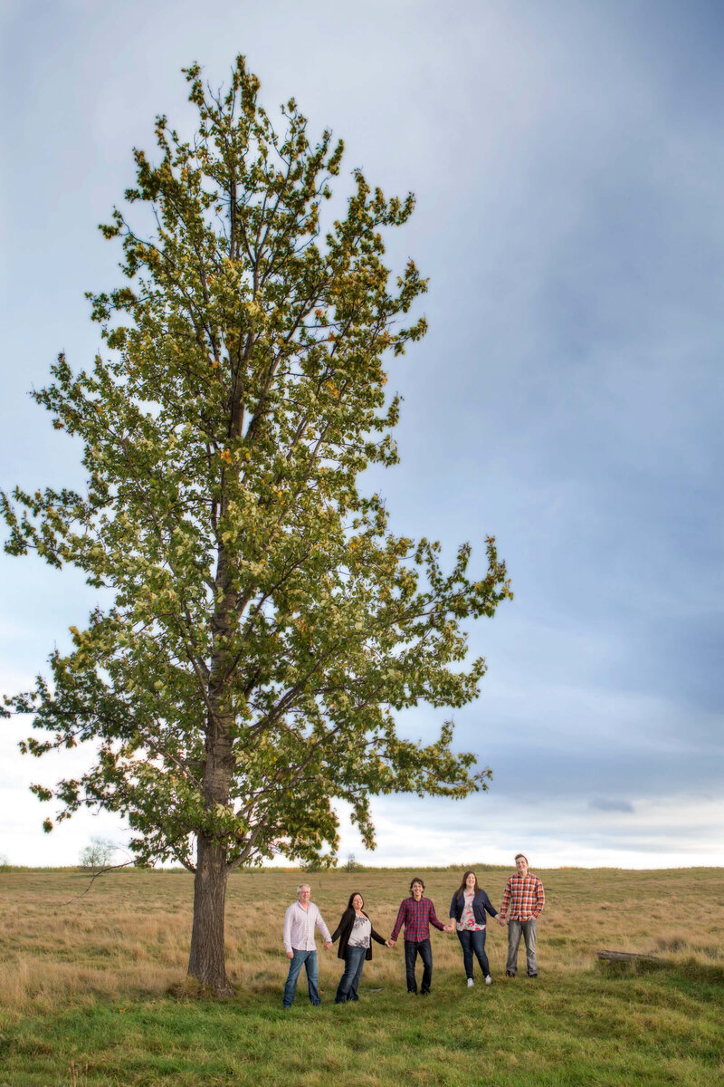 family of 5 holding hands under large tree