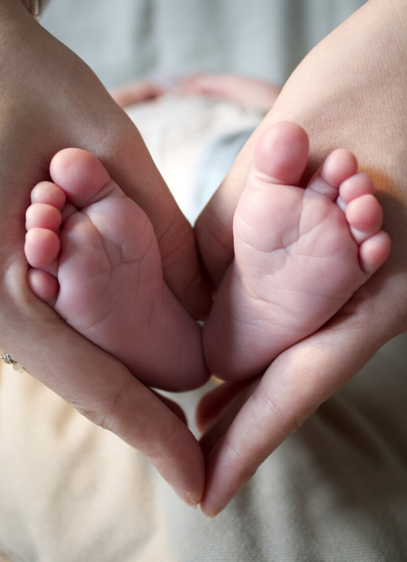 Baby feet held in heart shape for newborn photography session