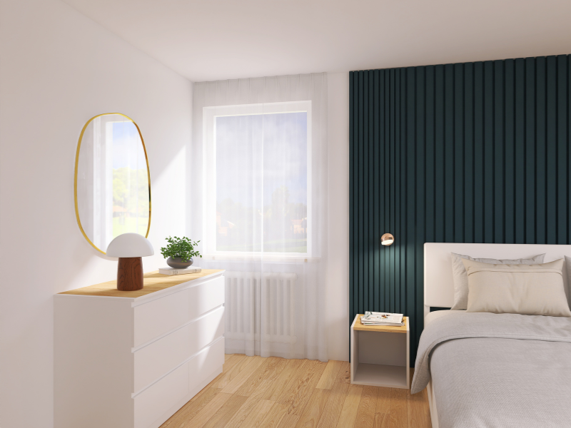 3D-Visualisierung eines modernen Schlafzimmers entworfen von Larissa Lach Interiors