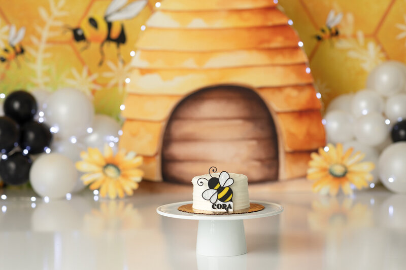 One year old Tampa baby enjoying a personalized luxury cake smash session with bee decorations