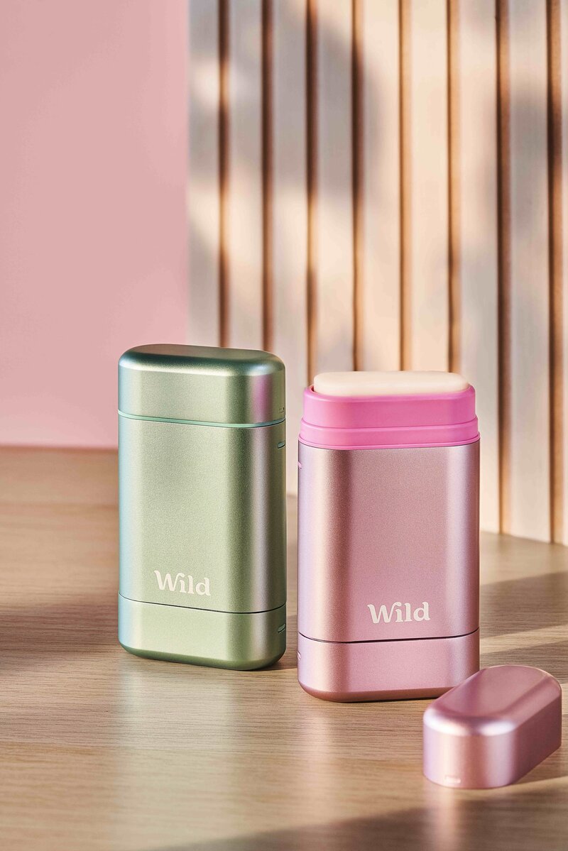 Two WILD natural deodorant tubes featured in a sustainable beauty PR campaign by SA Communications PR agency