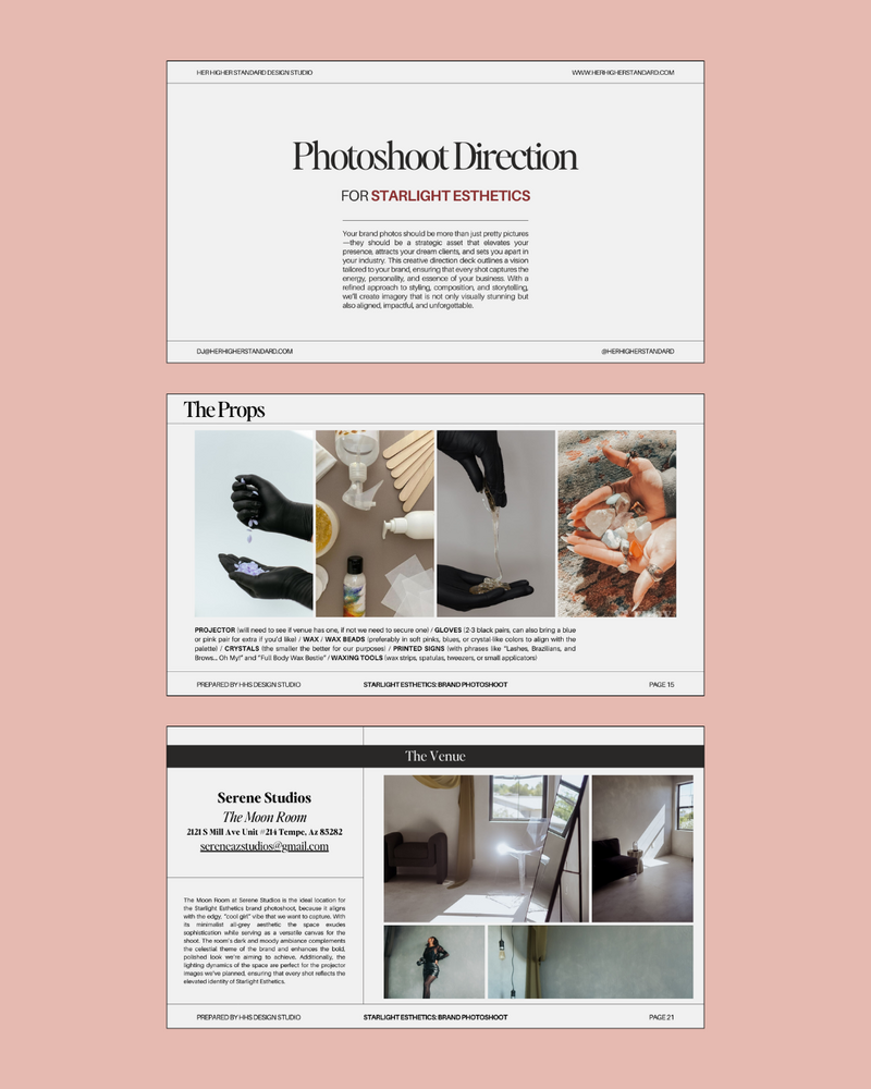 Photoshoot direction and visual strategy guide for Starlight Esthetics, developed by Her Higher Standard Design Studio to ensure brand-aligned imagery and storytelling.