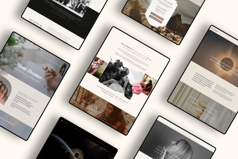 Multiple website design mockups displayed on devices showing Temple Dreams Studio's web design work for healers, coaches, wellness and beauty studios