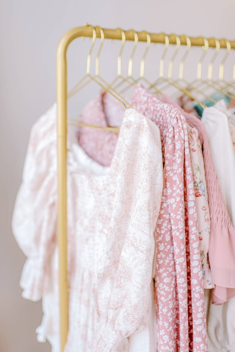 Pink dresses hang on a gold rack in the studio