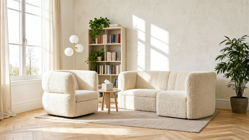 A cozy living room featuring a couch, a chair, and a table arranged for comfort and relaxation.