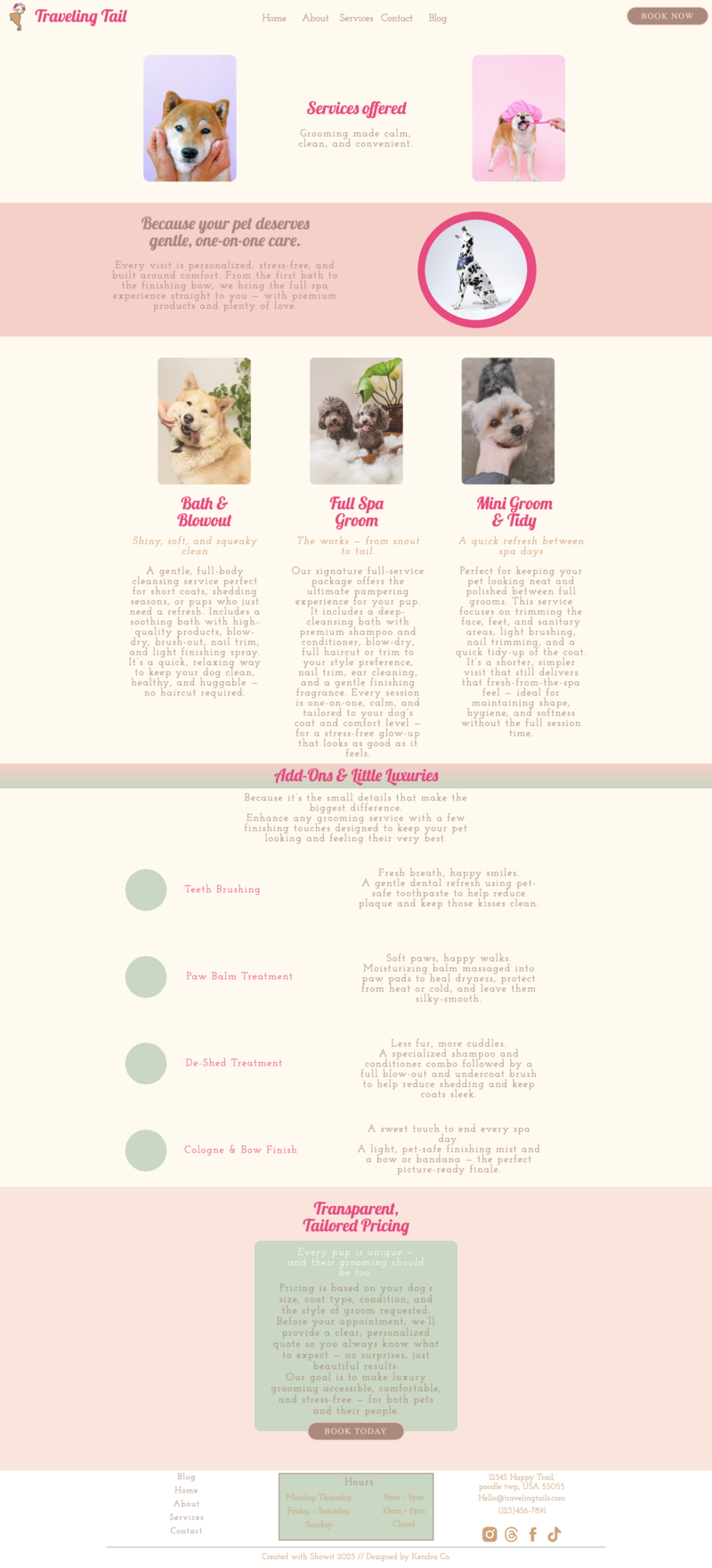 Services page from The Traveling Tail Spa Showit template showcasing grooming packages, add-ons, and transparent pricing in a blush and sage design.