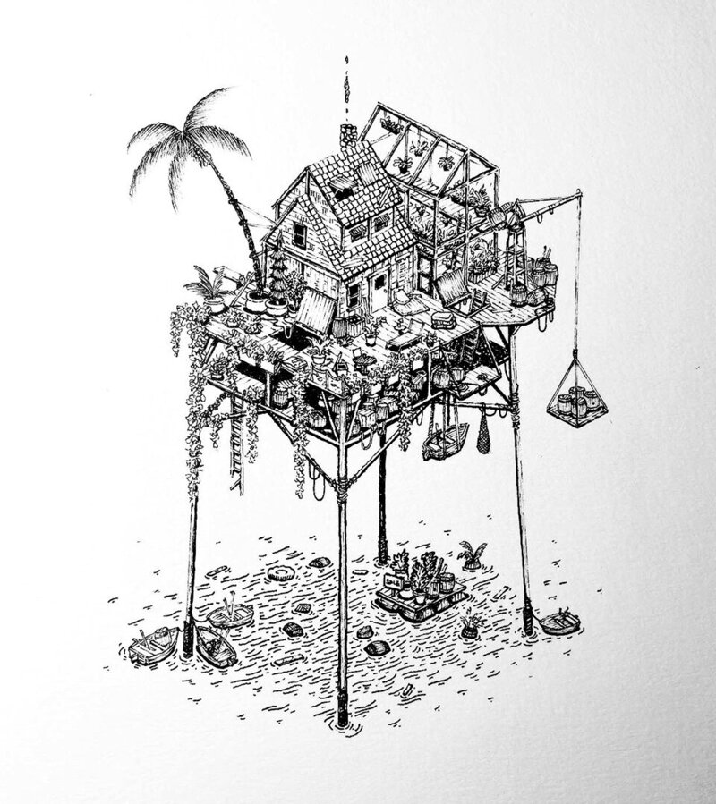 Isometric Pen and Ink illustration of a stilt house with a  greenhouse above the water that sells plants.