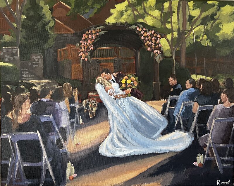 painting of bride and groom outdoors