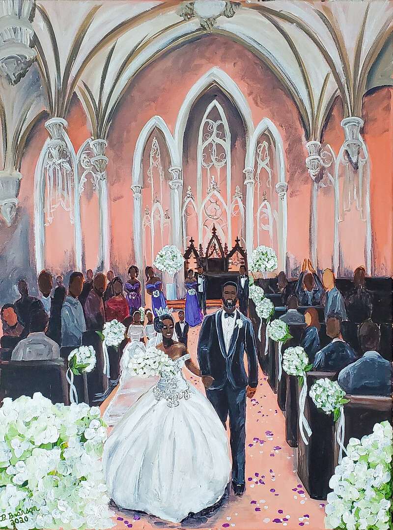 A completed live wedding painting by Brittany Branson featuring a bride and groom walking up the aisle in a cathedral in Baltimore