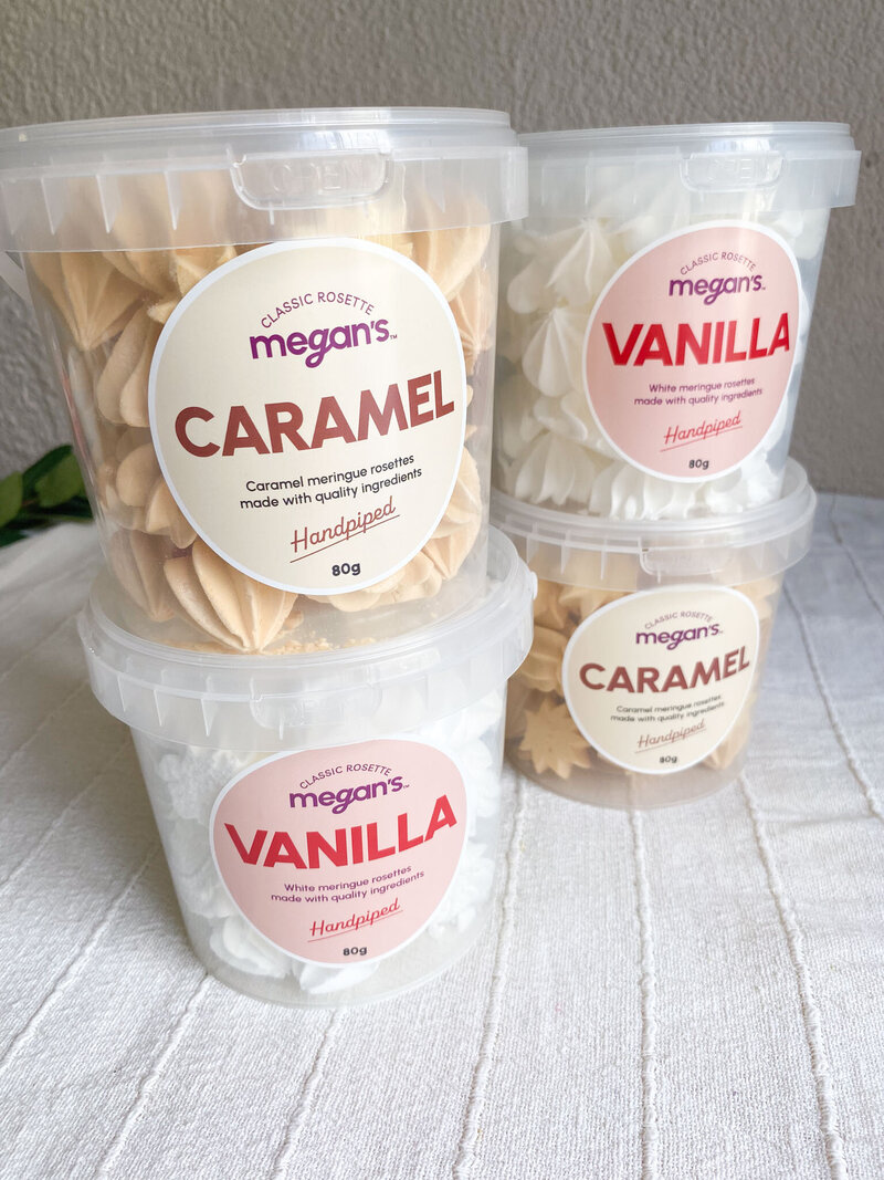 Megan's meringue tubs with vanilla and caramel meringue rosettes