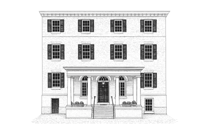 a digital sketch scan drawing of the Moxie Hair Studio building on 201 N Fairfax St, Alexandria, Va