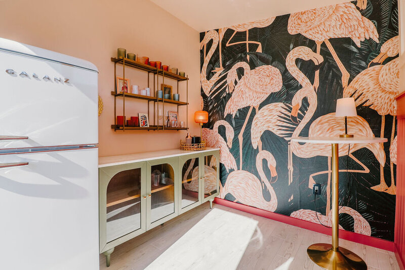 flamingo wallpaper green credenza with glass doors