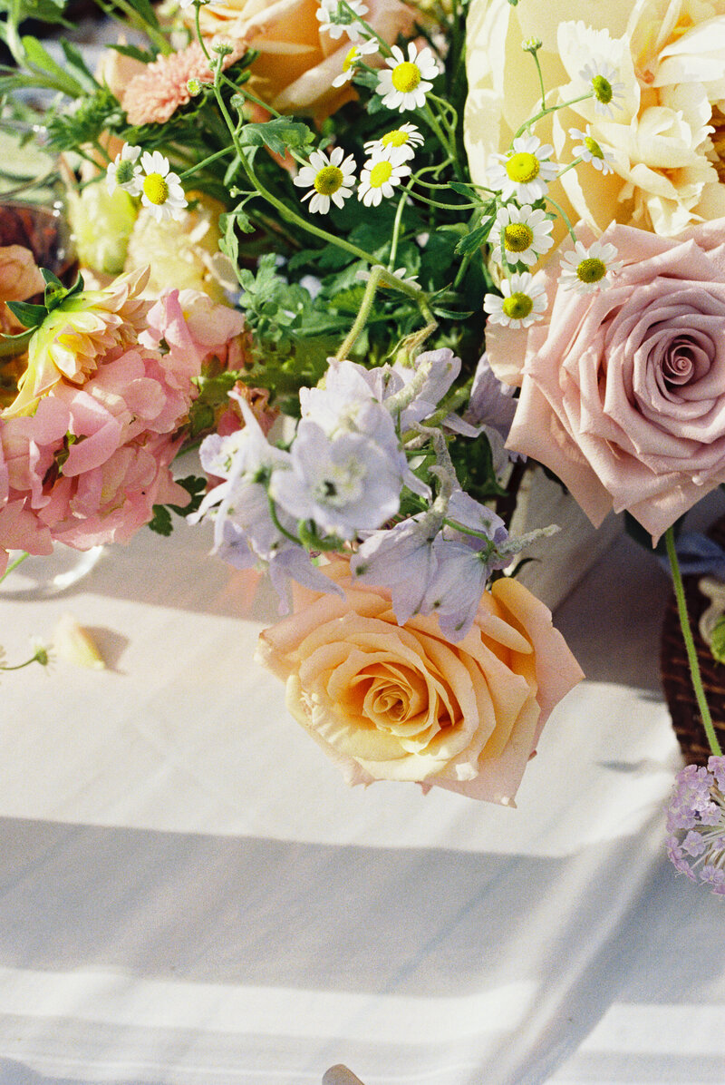 film shot of wedding centerpiece floral arrangement at serendipity garden