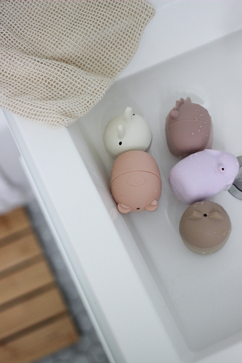 Neutral colored bath toys brand photography