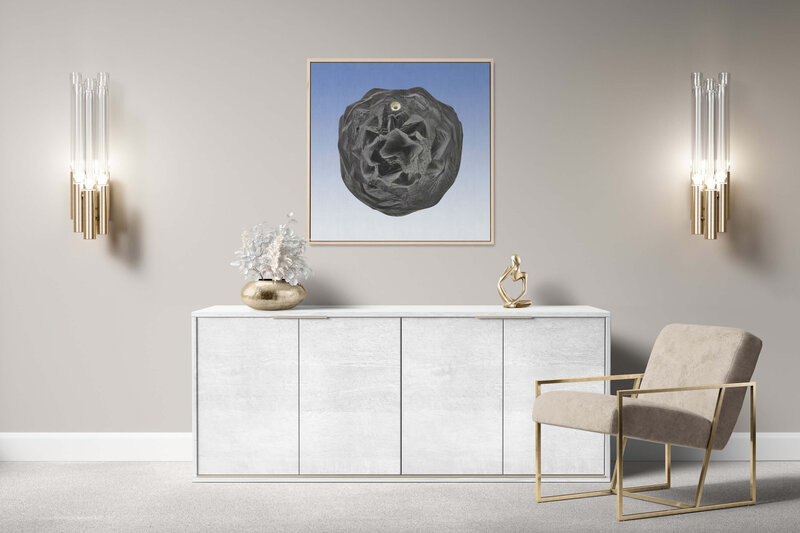 Fine Art Canvas with a natural frame featuring Project Stardust micrometeorite NMM 928 for luxury interior design