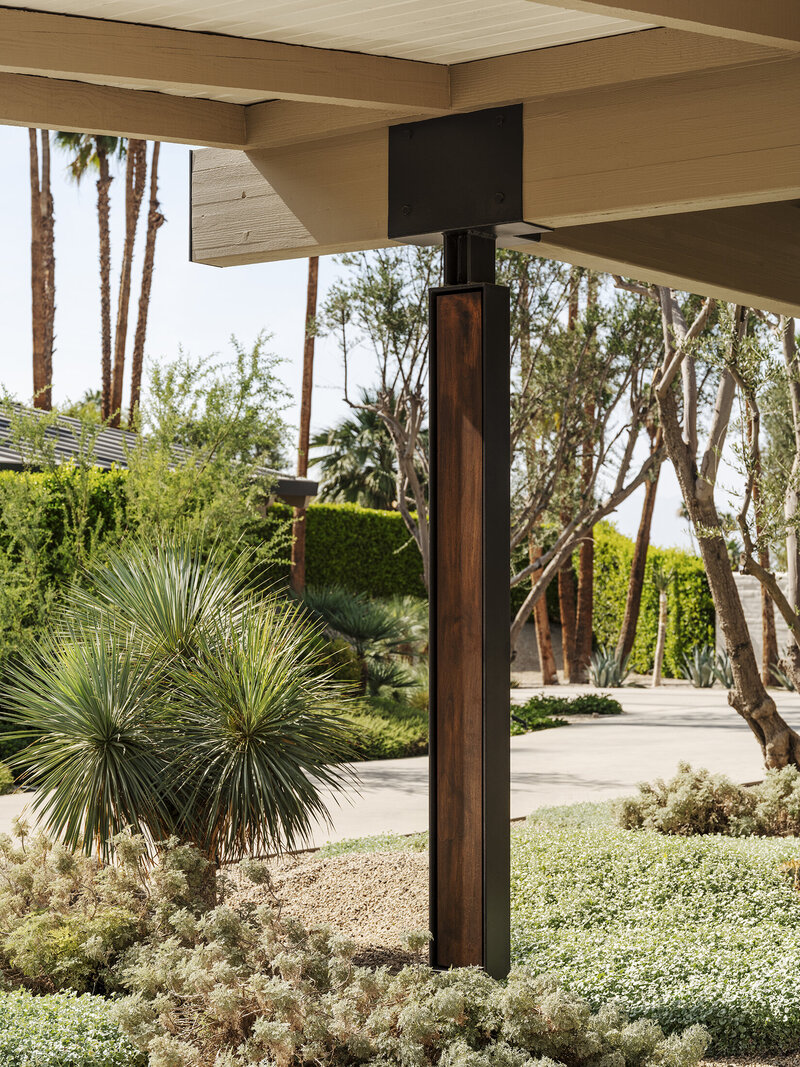 Front yard landscape showing palm trees, boulders, and stucco walls