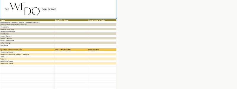 Screenshot of The We Do Collective's Music Sheet Wedding Spreadsheet Template