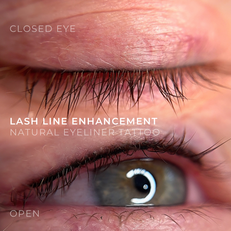 Permanent lash line tattoo on mature client for open-eye appearance