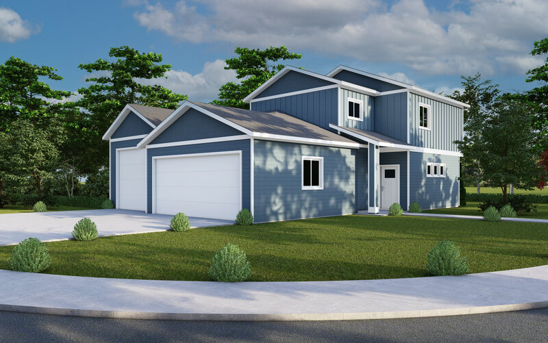 modern blue two story home with landscaping on a quiet block