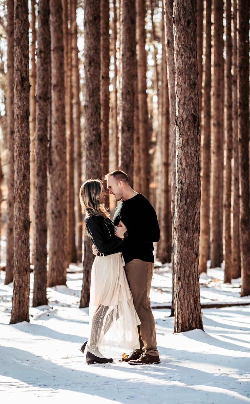 metropark couple session, snow, winter, ohio, in love, lace dress, leather jacket,