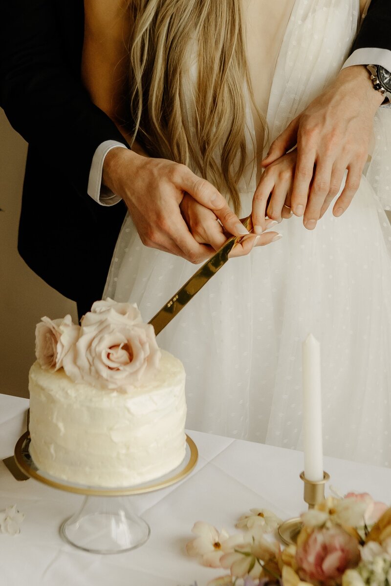 Detailed photo of a bride and groom's hands as they cut their wedding cake together.