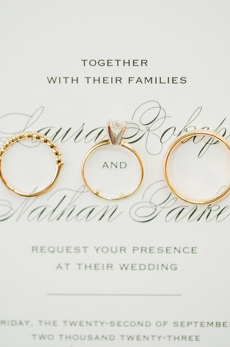 close up of wedding rings laying on top of invitations