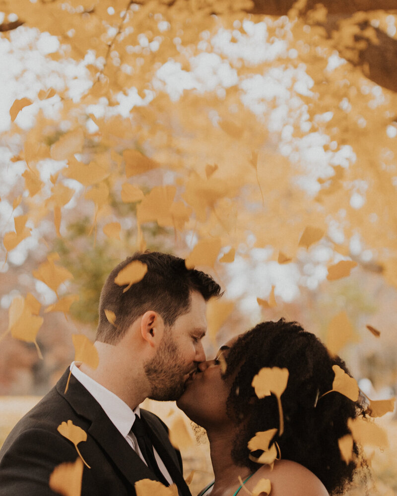 fall wedding couple kissing with leaves falling