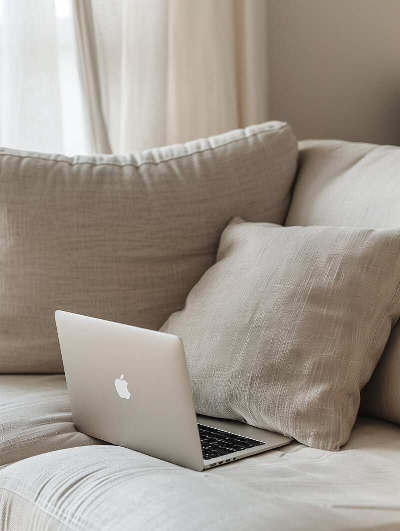 A silver MacBook on a beige couch with soft pillows, creating a cozy and inviting setting