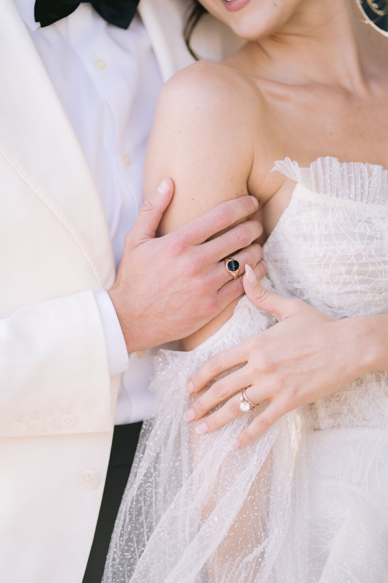 Bride and groom walk up memorial steps at their DC wedding