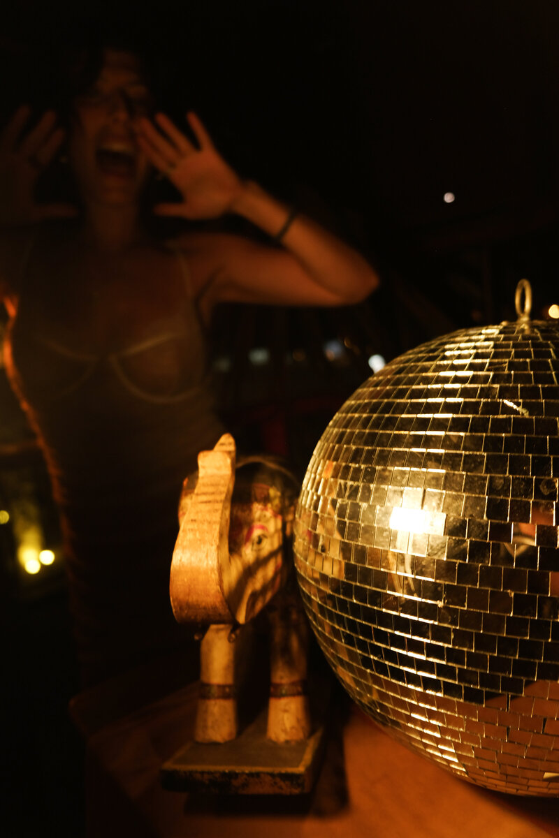 Warm-toned photo of Tristan laughing near a golden disco ball—symbolizing fun, authenticity, and co-creation at the heart of Wild Woman Haus® brand strategy.