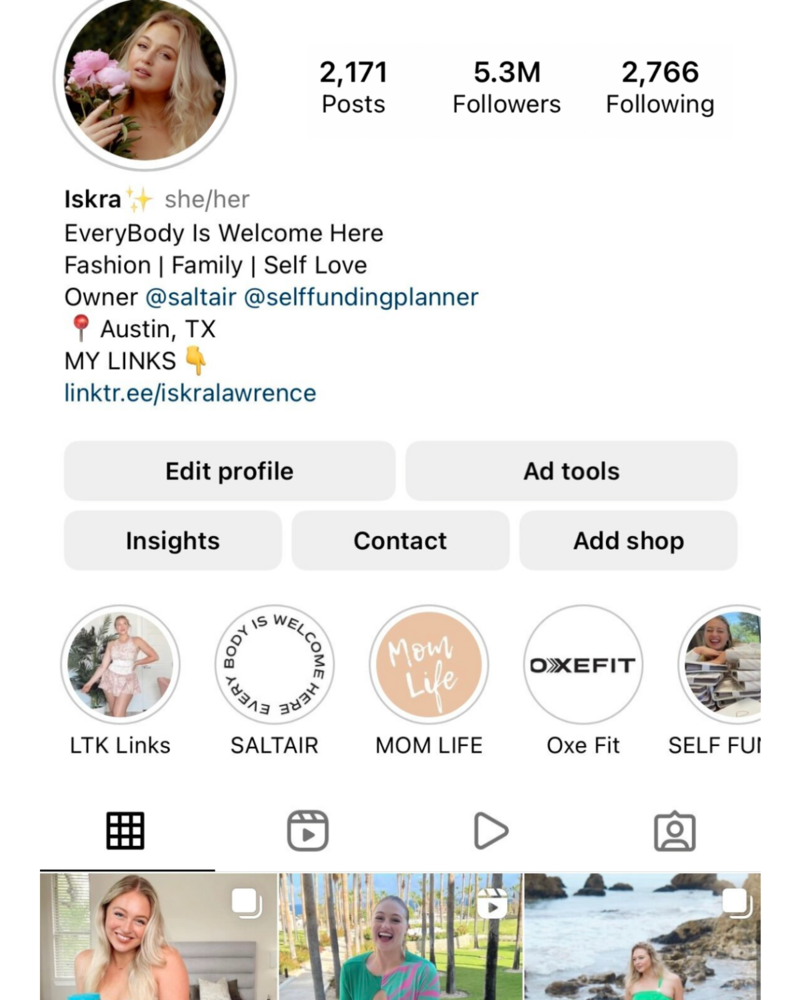 Iskra's Instagram page with 5 million followers, and bio that says fashion, family, self love, and owner of Saltair and Self Funding Planner. Some of her recent story highlights include LTK links and Oxe Fit.