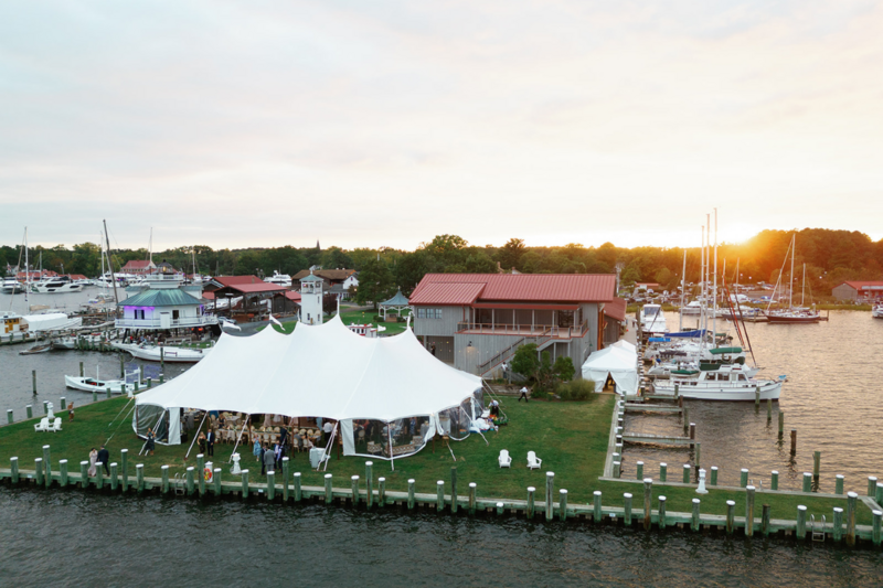 Aerial view of a sailcloth tent installed on the lawn at Chesapeake Bay Maritime Museum