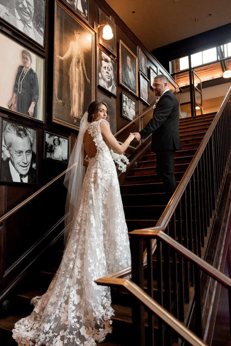 beautiful bride in front of the Howey mansion wedding venue