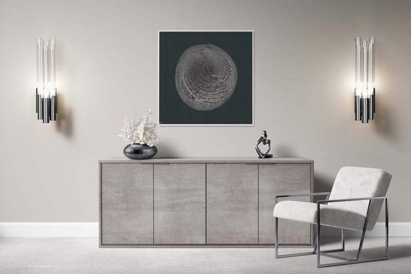 Fine Art Canvas with a white frame featuring Project Stardust micrometeorite NMM 2889 for luxury interior design